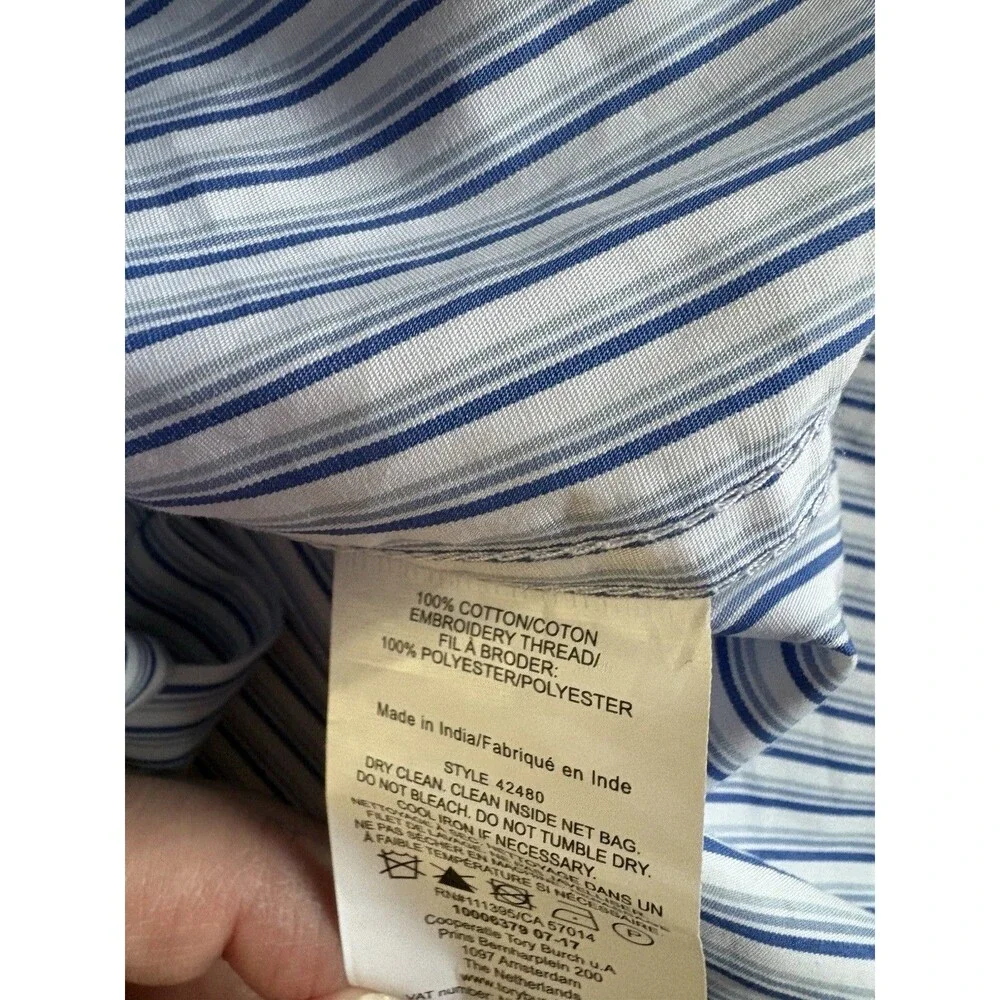 Tory Burch Blue White Pinstripe Cotton Paige‎ Top Bell Sleeves Size 12 NWT